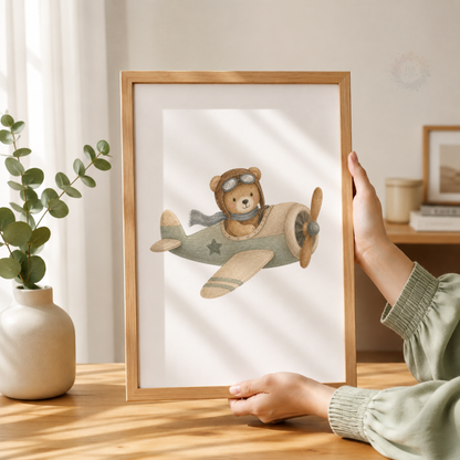 Teddy Bear Aeroplane Nursery Wall Art Print Set – Boys Bedroom Decor