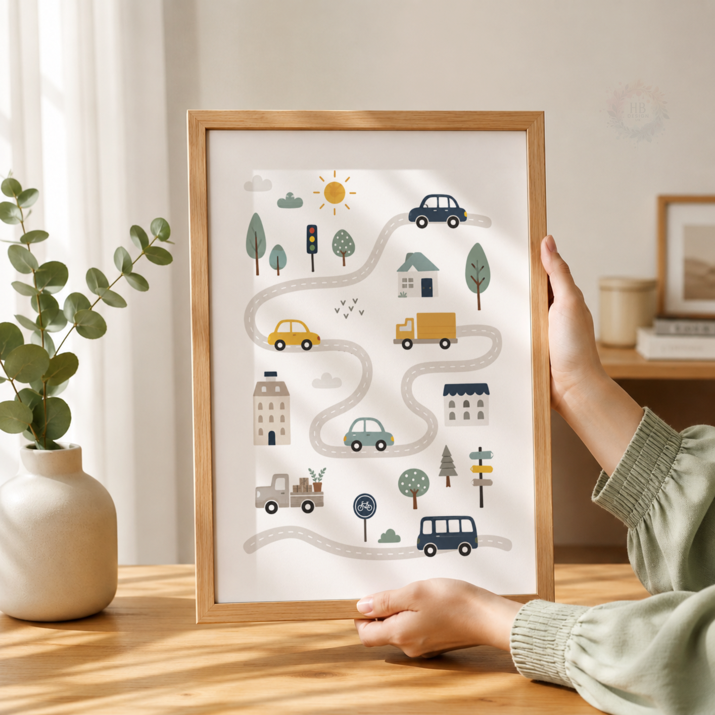 Personalised Transport Nursery Wall Art Set – Cars, Fire Engine & Name Initial Prints