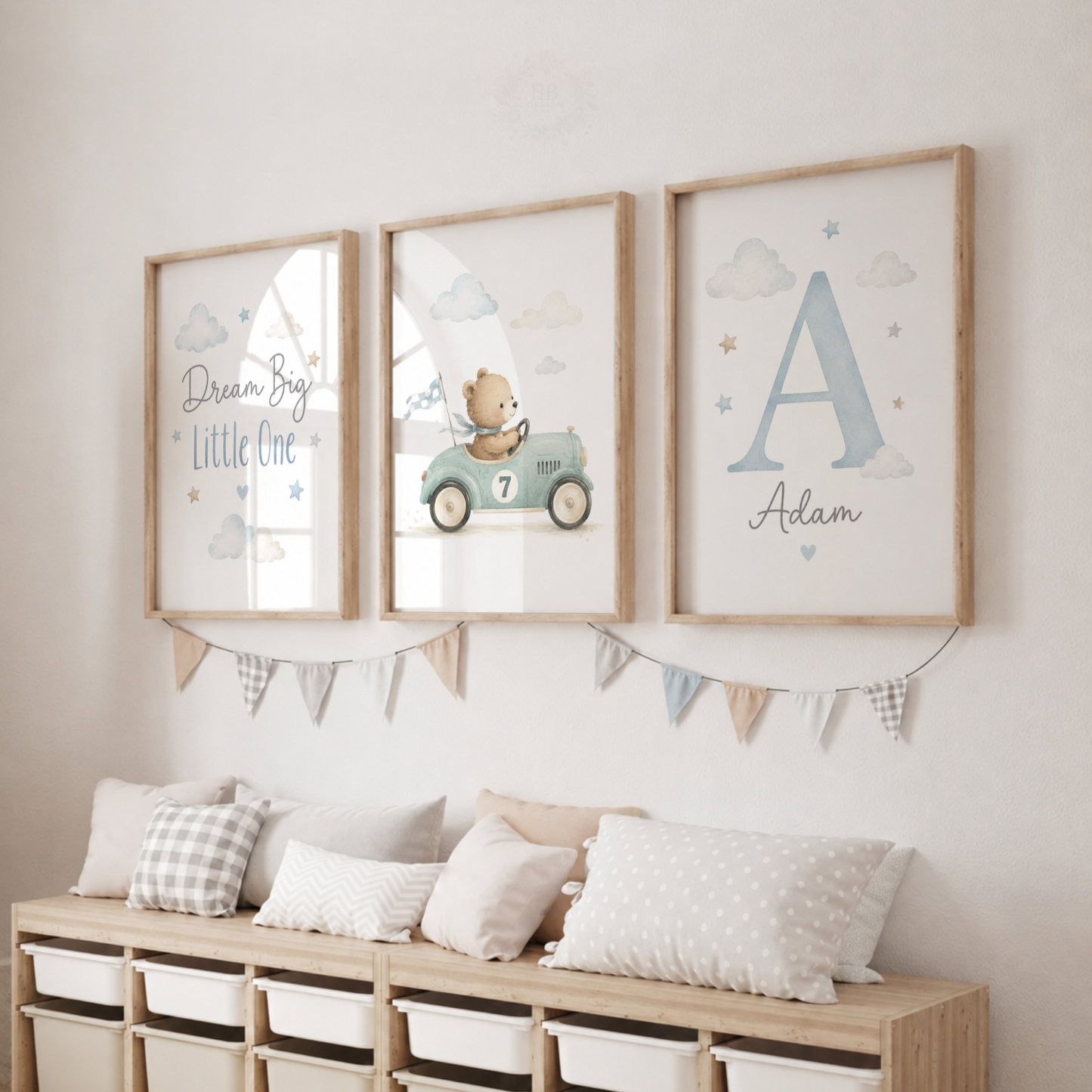 Personalised Teddy Bear Nursery Prints – Set of 3 Blue Racing Car & Name Wall Art