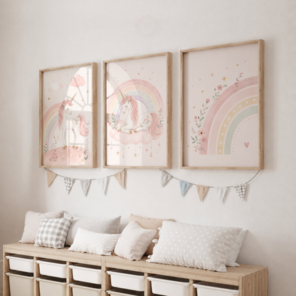 Pastel Unicorn Rainbow Nursery Wall Art Set – Pink Girls Bedroom Prints