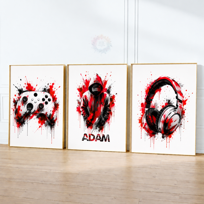 Personalised Red & Black Gamer Wall Art Set – Controller, Gamer & Headphones Prints