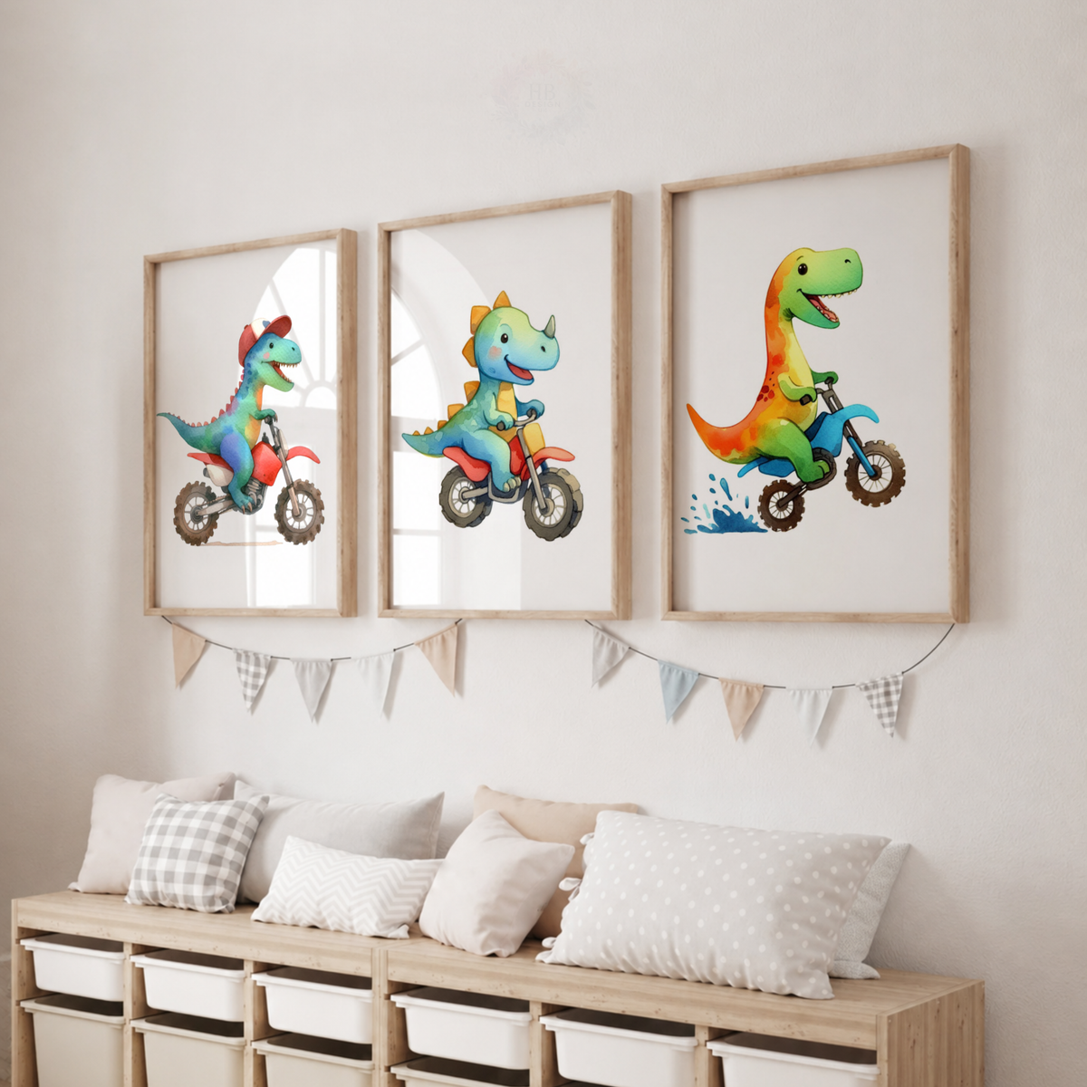 Cute Dinosaur Dirt Bike Prints Set – Colourful Kids Dinosaur Wall Art
