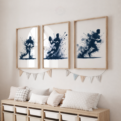 Rugby Watercolor Wall Art Set – Navy Blue Rugby Player Sports Prints