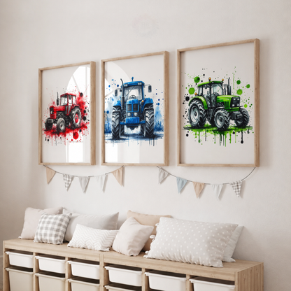 Colourful Tractor Nursery Prints Set – Red Blue & Green Farm Wall Art