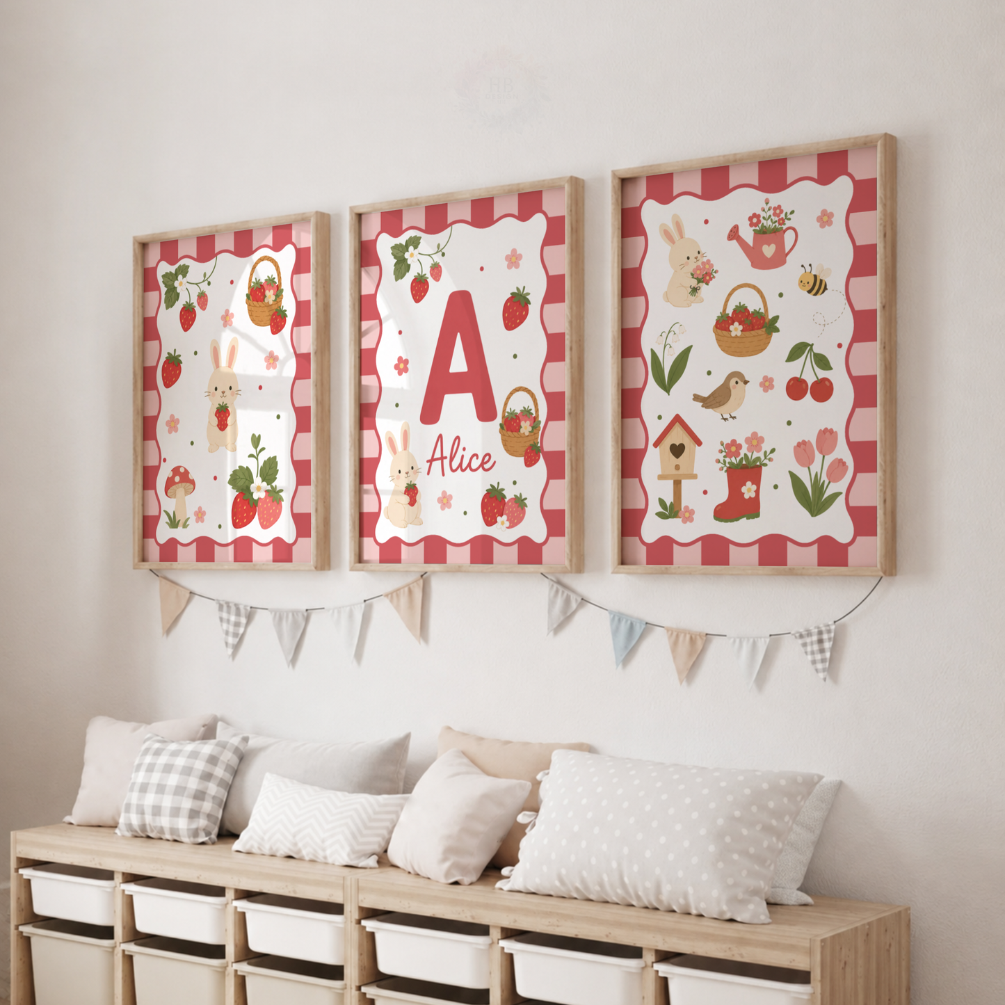 Strawberry Garden – Personalised Set of 3 Nursery Prints
