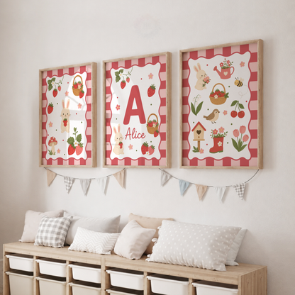 Strawberry Garden – Personalised Set of 3 Nursery Prints