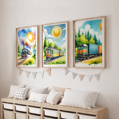 Colorful Train Wall Art Set – Kids Railway Nursery Prints