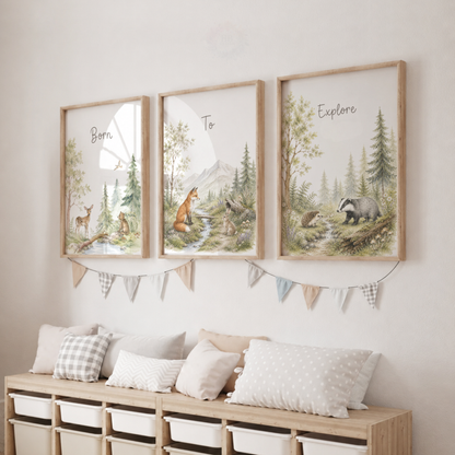 Woodland Animal Nursery Prints – Set of 3 Born to Explore Forest Wall Art