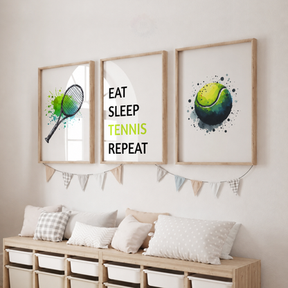 Tennis Wall Art Set – Eat Sleep Tennis Repeat Prints for Boys’ Bedroom