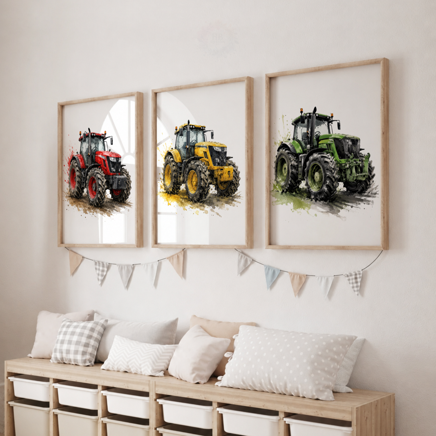Tractor Nursery Wall Art Set – Red, Yellow & Green Farm Tractor Prints