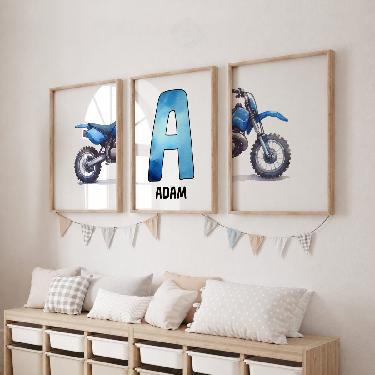 Personalised Blue Motocross Wall Art Set – Dirt Bike Name Print for Boys