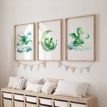 Green Watercolour Dragon Wall Art Set – Moon & Stars Nursery Prints