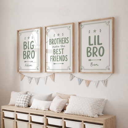 Big Bro, Little Bro – Sage Personalised Set of 3 Brothers Nursery Prints