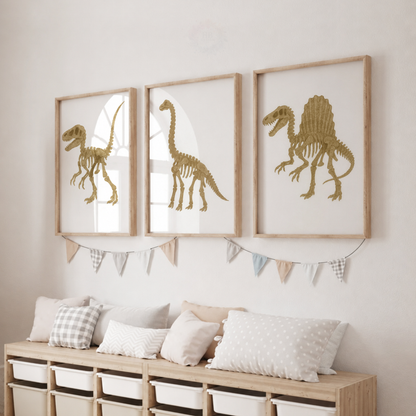 Dinosaur Skeleton Nursery Prints Set – T-Rex Brachiosaurus & Spinosaurus Fossil Wall Art