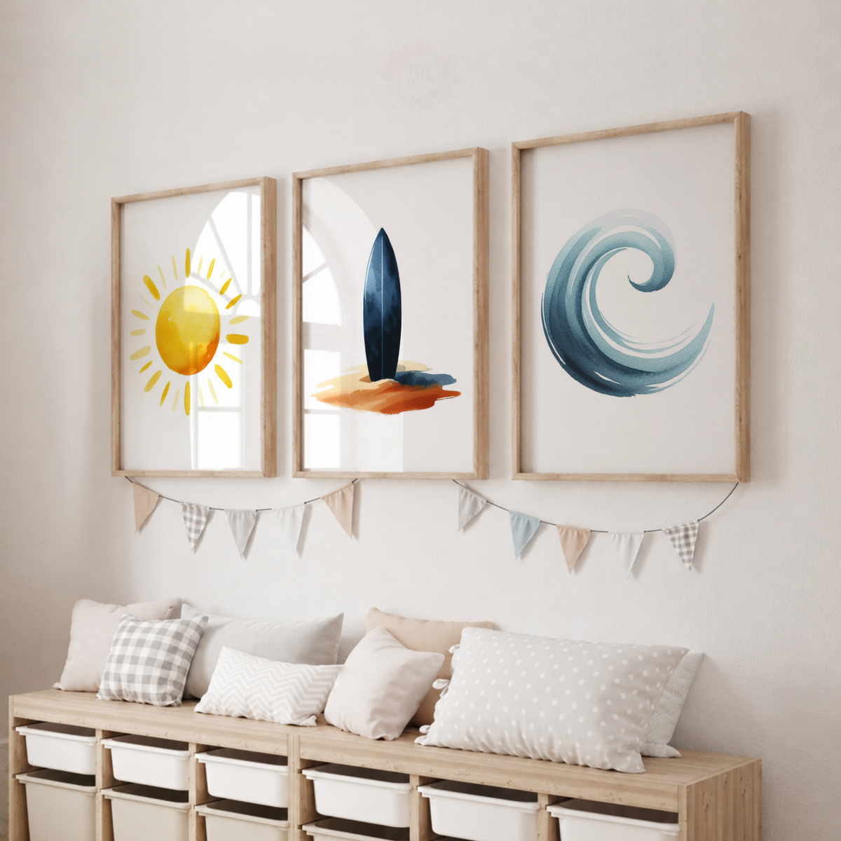 Minimalist Surf Watercolor Wall Art Set – Sun, Surfboard & Ocean Wave Prints