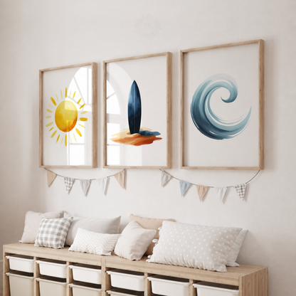 Minimalist Surf Watercolor Wall Art Set – Sun, Surfboard & Ocean Wave Prints
