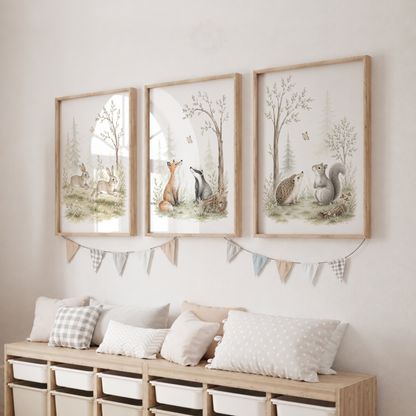 Woodland Animal Nursery Prints – Fox, Badger, Rabbits, Hedgehog & Squirrel Wall Art Set