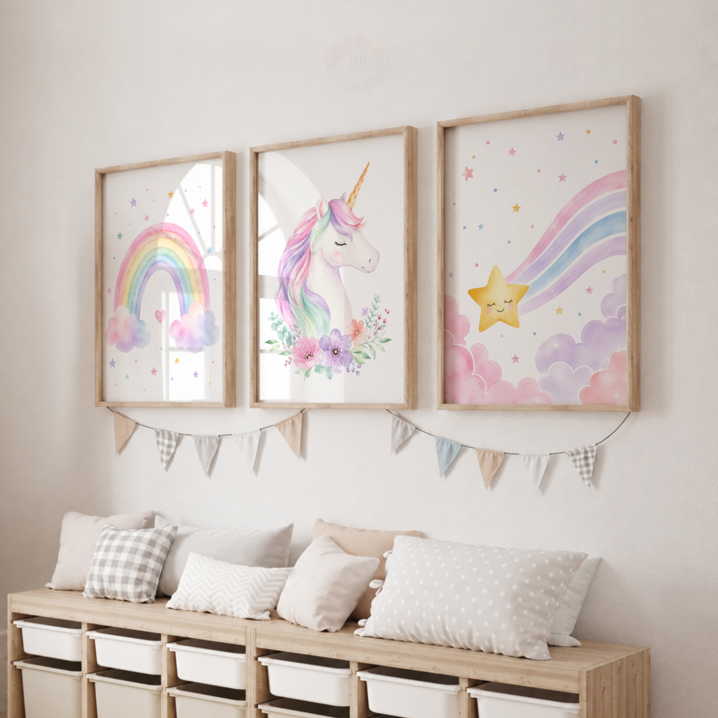 Unicorn Rainbow Nursery Prints – Pastel Girls Bedroom Wall Art Set