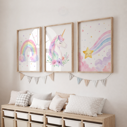 Unicorn Rainbow Nursery Prints – Pastel Girls Bedroom Wall Art Set