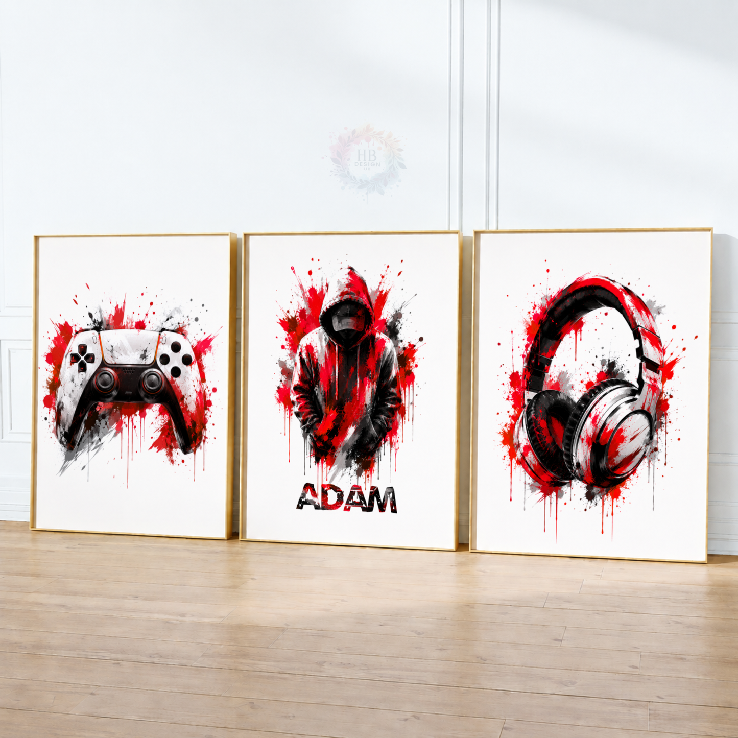Personalised Red & Black Gamer Wall Art Set – Gaming Controller & Headphones Prints