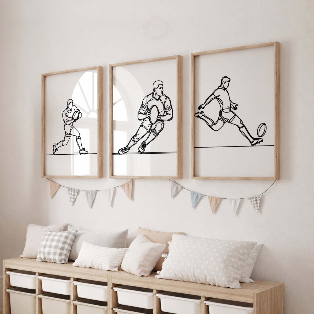 Rugby Wall Art Set – Minimalist Line Art Rugby Player Prints for Boys’ Bedroom