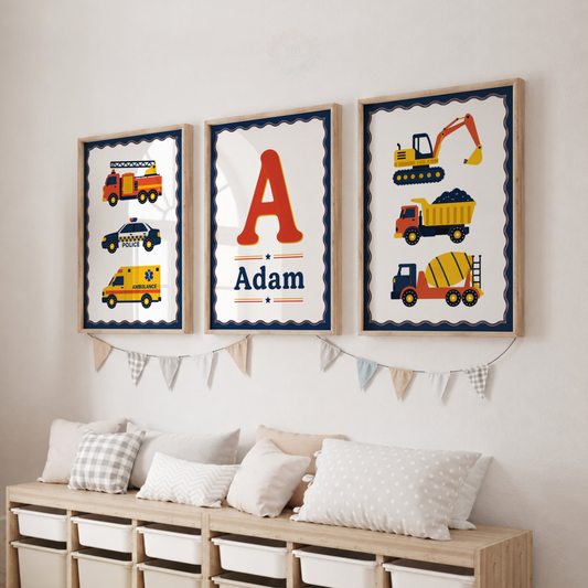 Busy Vehicles – Personalised Set of 3 Transport Nursery Prints