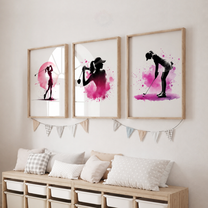 Girls Golf Wall Art Set – Pink Watercolour Golfer Prints