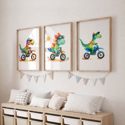 Dinosaur Motorbike Prints Set – Colourful Dinosaur Nursery Wall Art