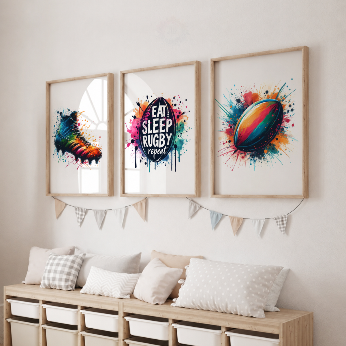 Rugby Watercolor Wall Art Set – Colourful Rugby Boot, Quote & Ball Sports Prints