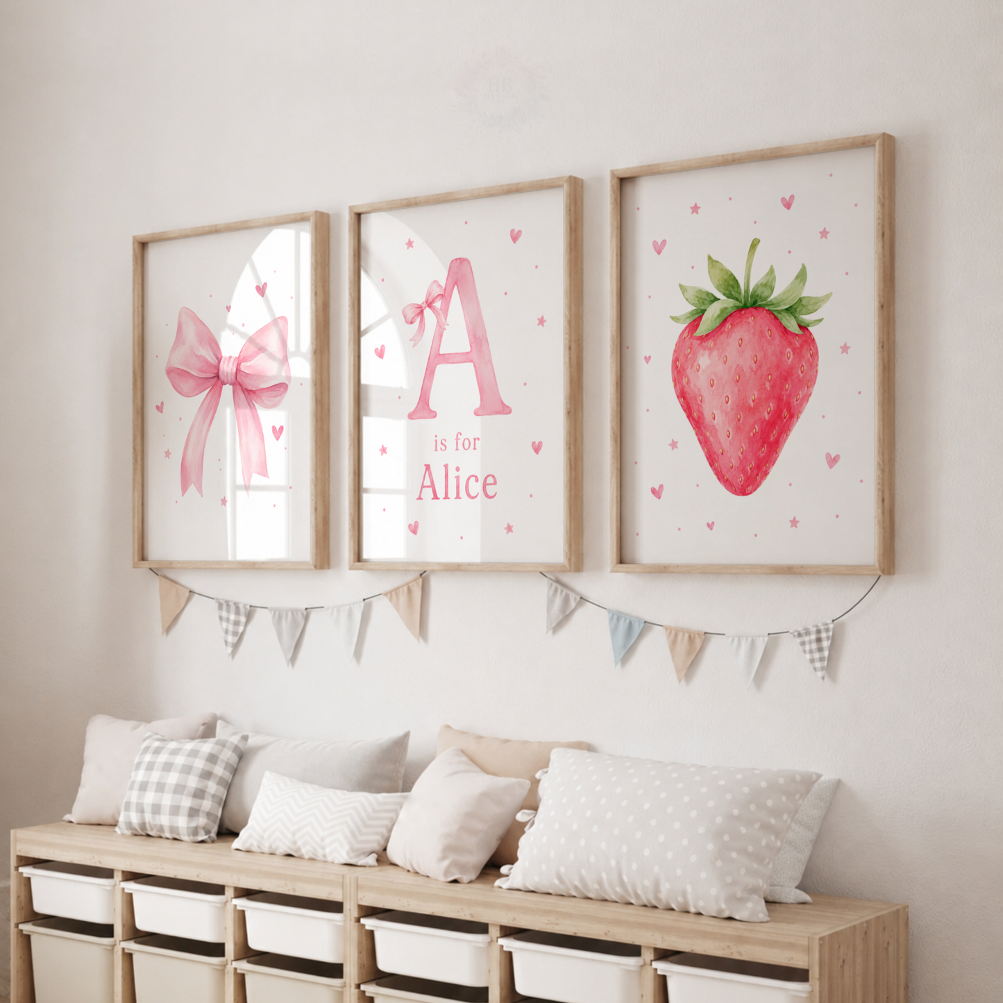 Personalised Strawberry & Bow Wall Art Print Set – Girls Bedroom Decor