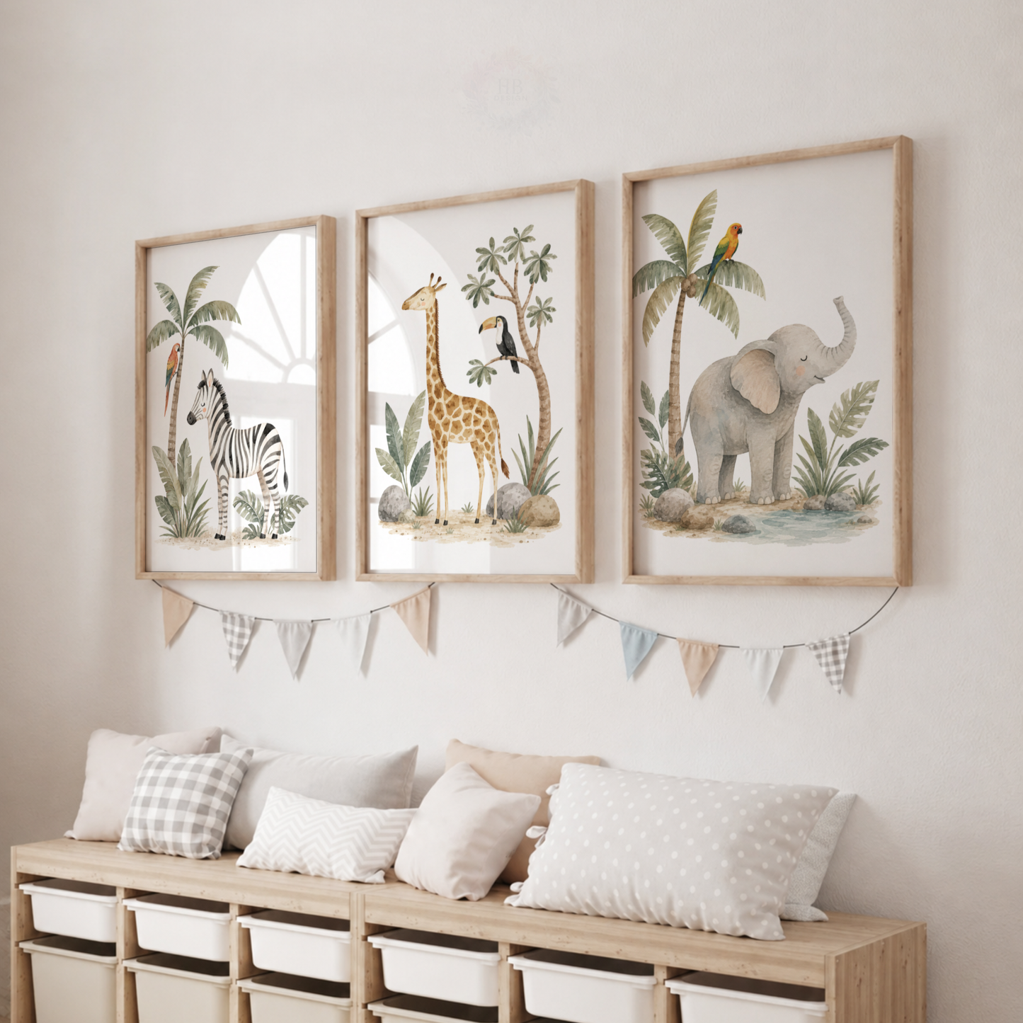 Safari Animals Nursery Prints – Set of 3 Jungle Animal Watercolour Wall Art