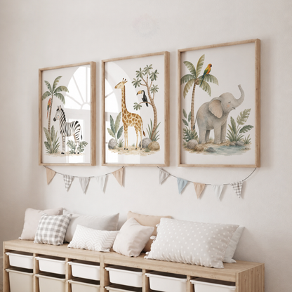 Safari Animals Nursery Prints – Set of 3 Jungle Animal Watercolour Wall Art