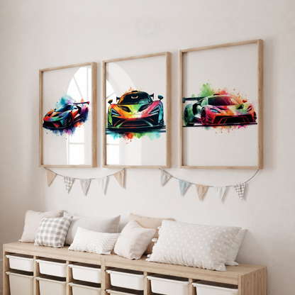 Colorful Supercar Wall Art Set – Watercolor Sports Car Prints