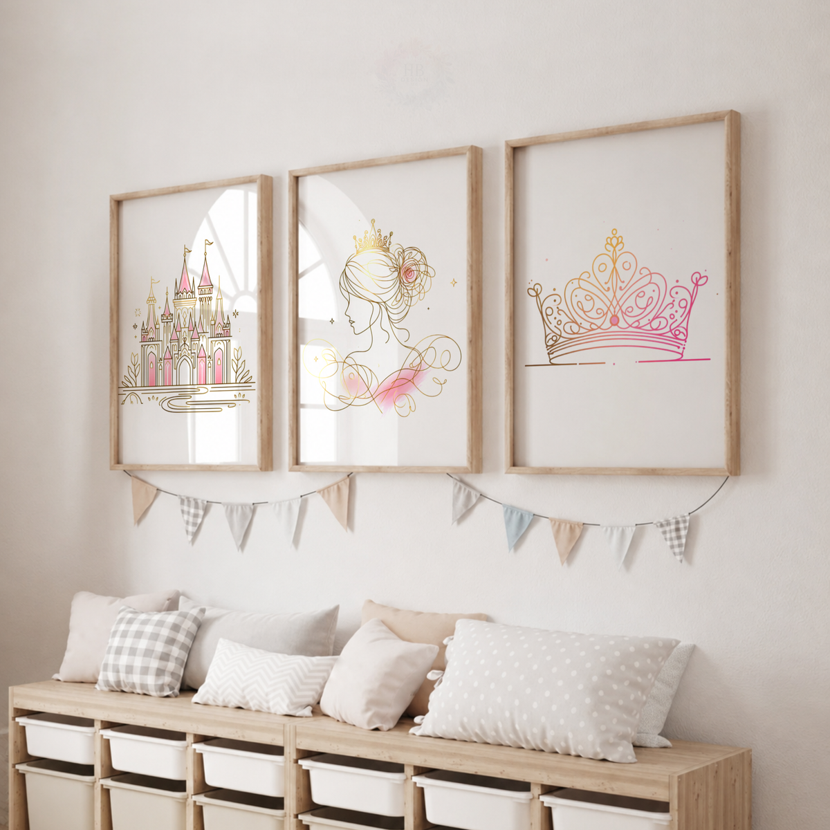 Princess Wall Art Set – Pink & Gold Castle, Princess & Crown Prints