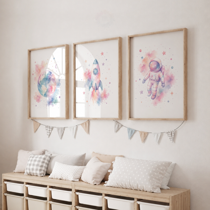 Pastel Space Adventure Prints – Set of 3 Watercolour Nursery Wall Art
