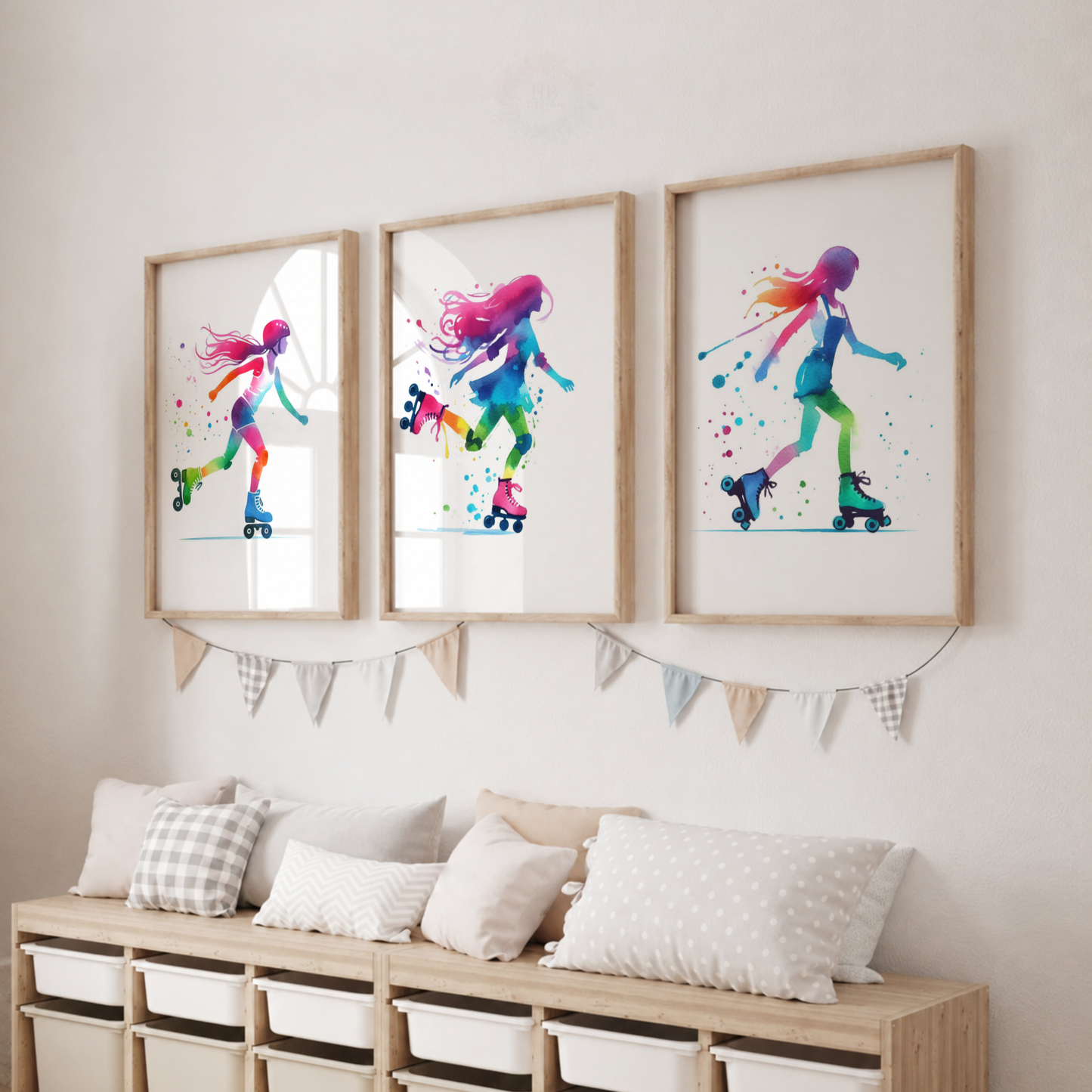 Girls Roller Skating Wall Art Set – Colourful Watercolour Roller Skater Prints