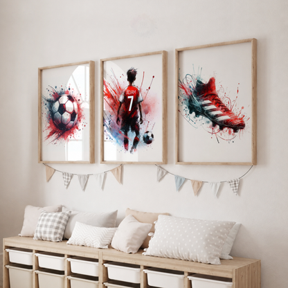Personalized Red & Black Football Wall Art Set – Custom Name & Number Football Watercolor Prints