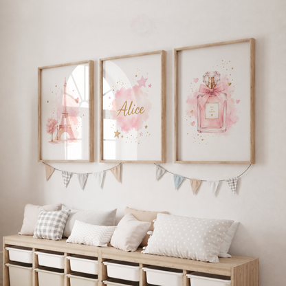 Personalised Paris Wall Art Print Set – Pink Eiffel Tower & Perfume Girls Bedroom Decor