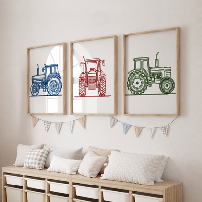 Colourful Tractor Nursery Prints Set – Blue Red & Green Farm Wall Art