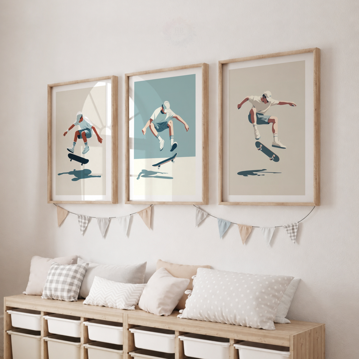Skateboarding Wall Art Set – Blue & Neutral Skateboarder Sports Prints
