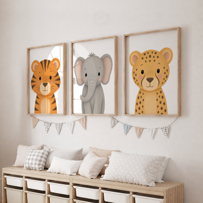Safari Animal Nursery Prints Set – Tiger Elephant & Leopard Wall Art