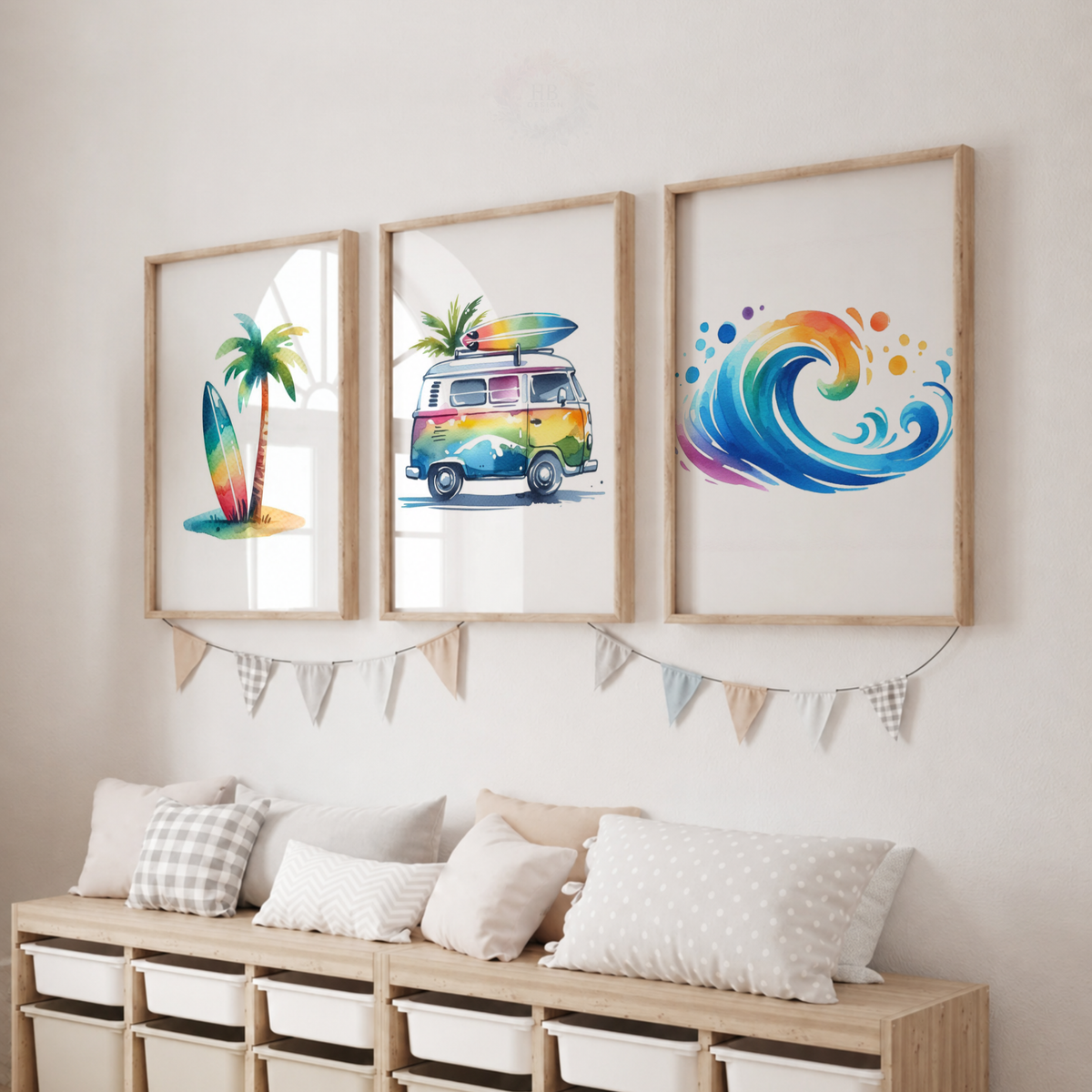 Rainbow Surfing Watercolor Wall Art Set – Surf Van, Surfboard & Ocean Wave Prints