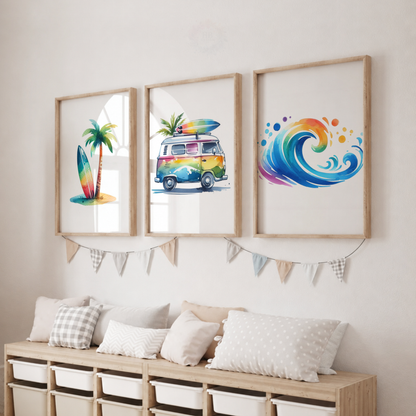 Rainbow Surfing Watercolor Wall Art Set – Surf Van, Surfboard & Ocean Wave Prints