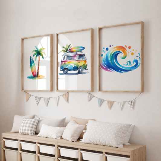 Rainbow Surfing Watercolor Wall Art Set – Surf Van, Surfboard & Ocean Wave Prints