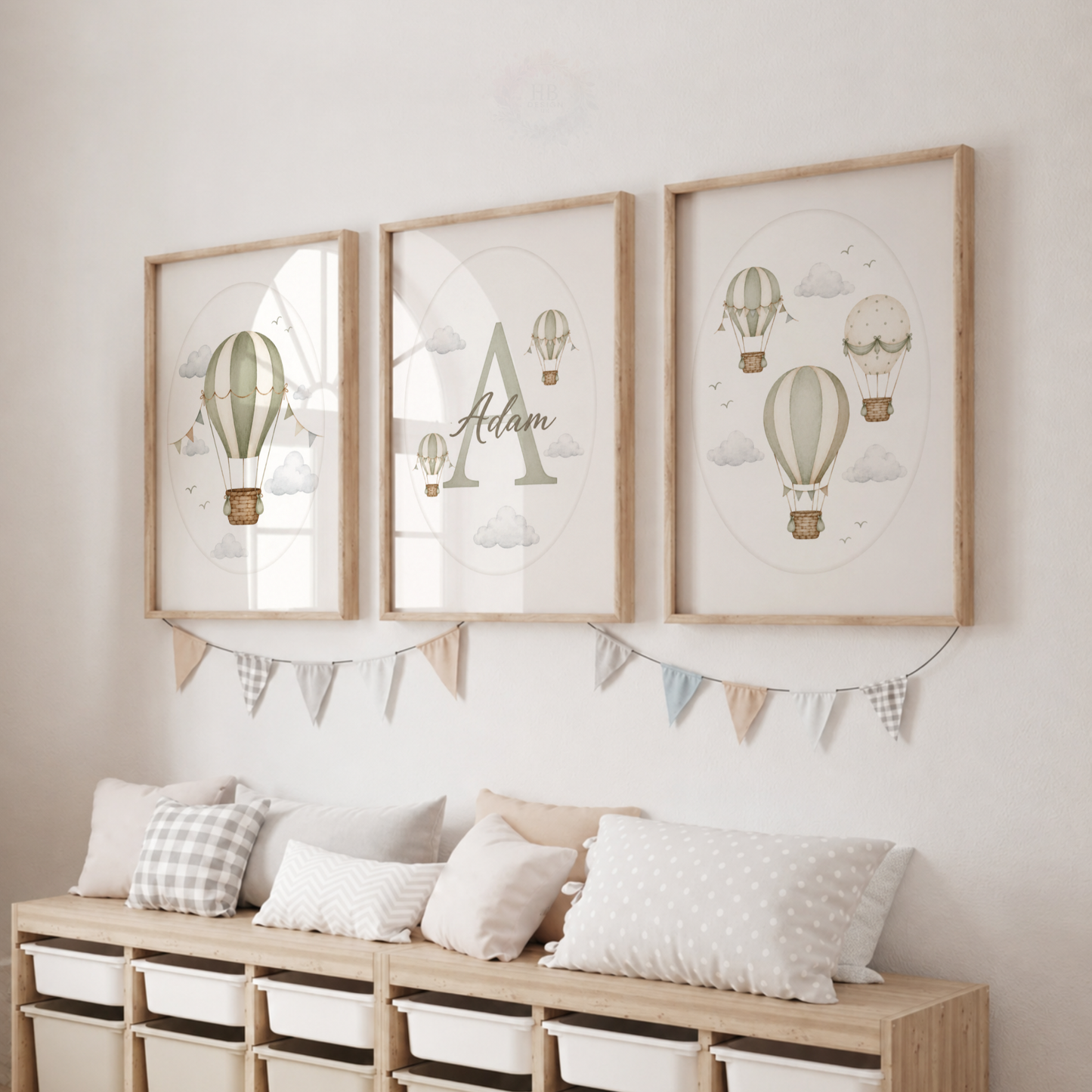 Personalised Hot Air Balloon Nursery Wall Art Print Set – Custom Name & Initial