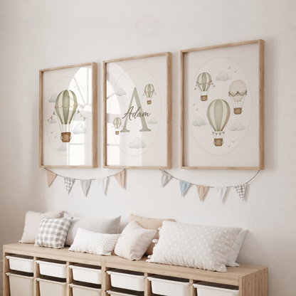 Personalised Hot Air Balloon Nursery Wall Art Print Set – Custom Name & Initial