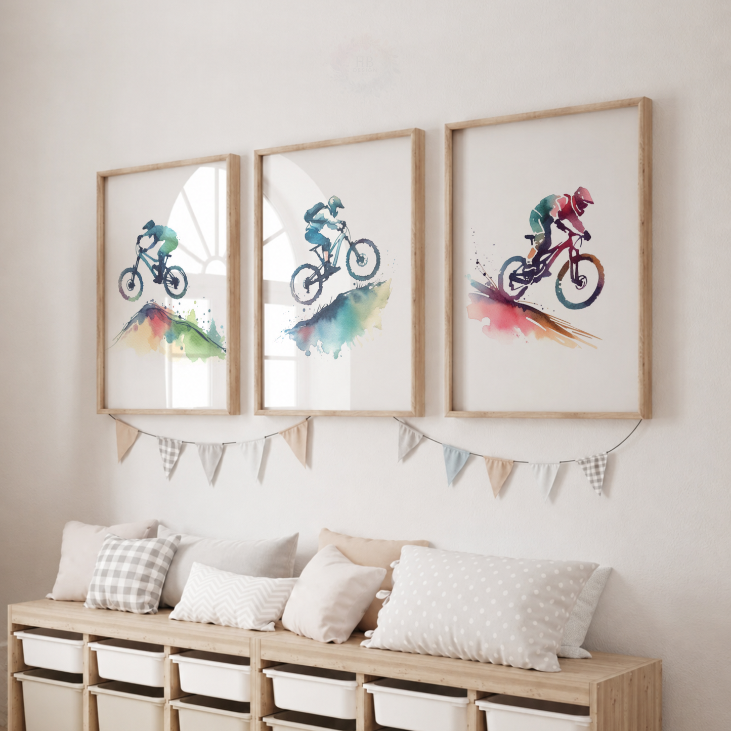 Mountain Biking Watercolor Wall Art Set – Colourful MTB Cyclist & Trail Sports Prints