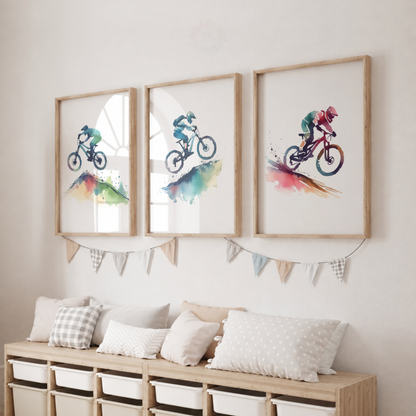 Mountain Biking Watercolor Wall Art Set – Colourful MTB Cyclist & Trail Sports Prints