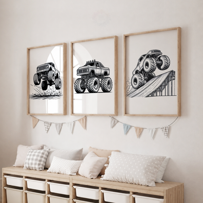 Monster Truck Wall Art Set – Black & White Kids Room Prints