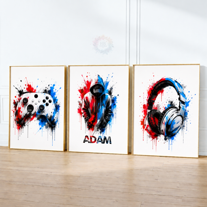 Personalised Red & Blue Gamer Wall Art Set – Gaming Controller & Headphones Prints